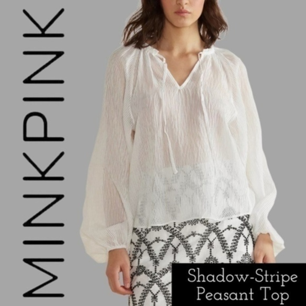 MINKPINK Shadow-Stripe Semi Sheer Long Breezy-Sleeve Peasant Top-White/Md/NWT